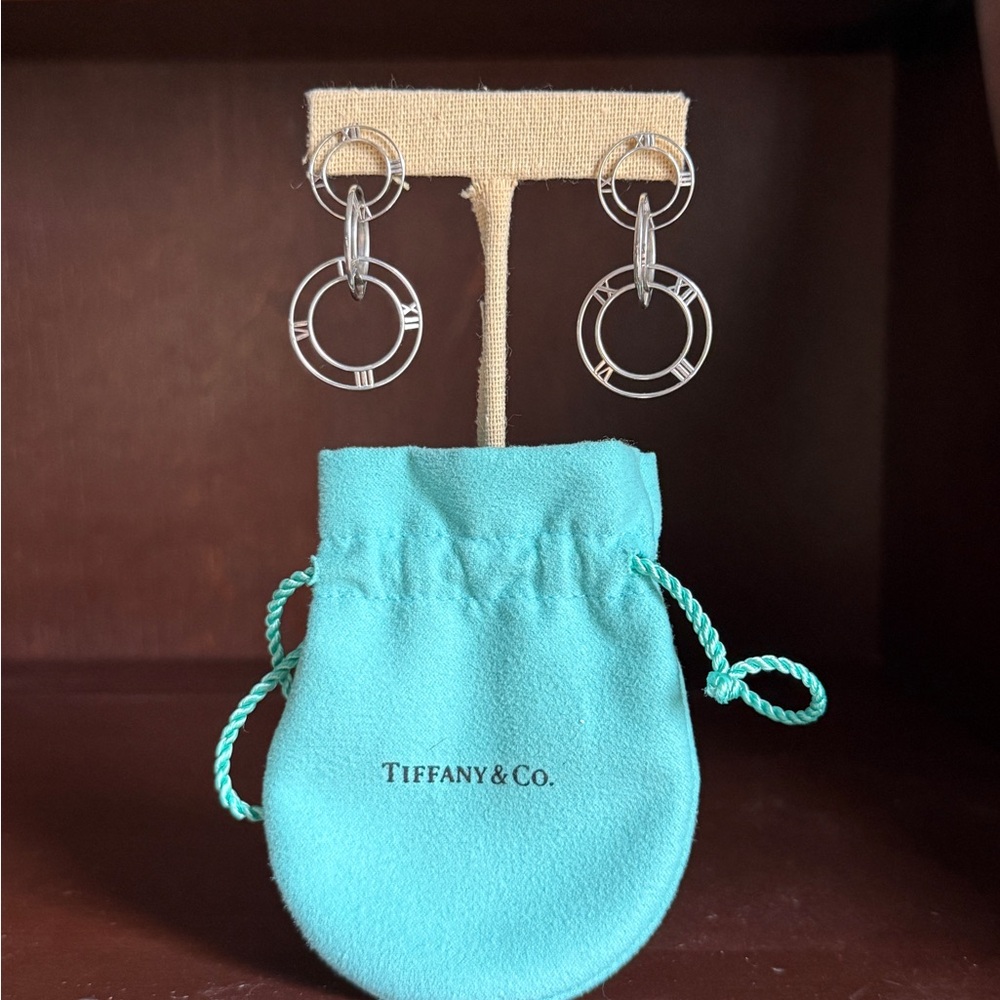 Tiffany & Co. HTF Sterling Silver Triple-Ring Atlas Drop Earrings Blue Pouch